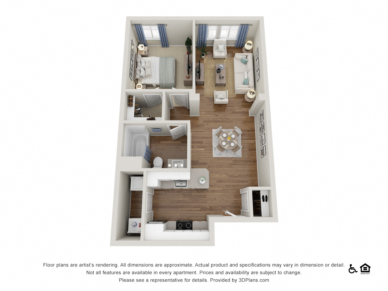 Floor plan for 1 bed, 1 bath, 690 sqft